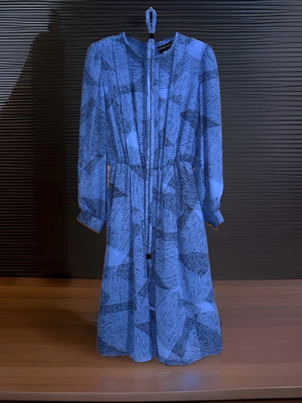 Vtg 1970s Strait Lane Abstract Geo Blue Long Sleeve Midi Dress w/Rope Belt-16-EC